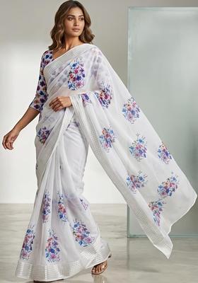 White Printed Chiffon Saree Set