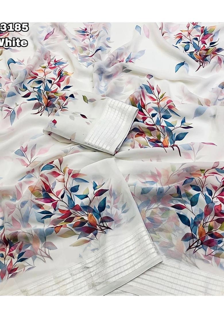 White Printed Chiffon Saree Set - Indya