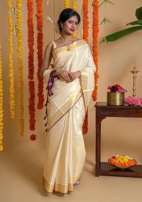 Cream Solid Tissue Saree Set