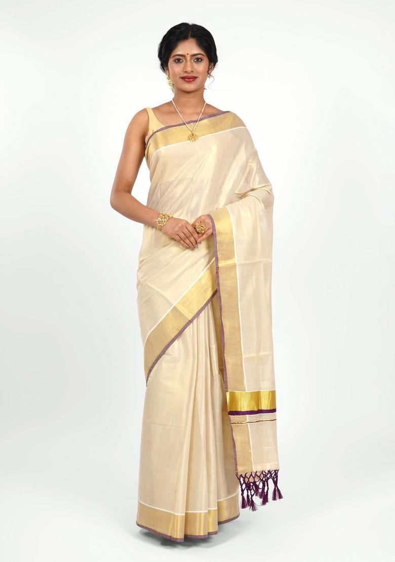 Cream Solid Tissue Saree Set - Indya