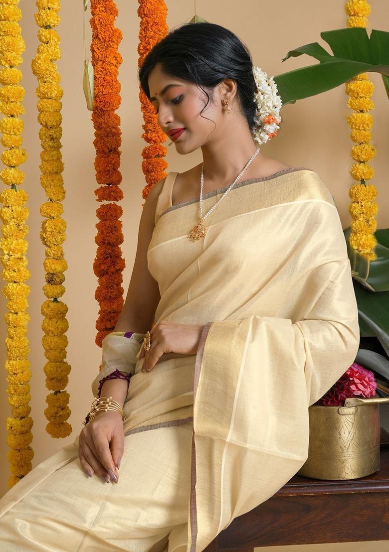 Cream Solid Tissue Saree Set - Indya