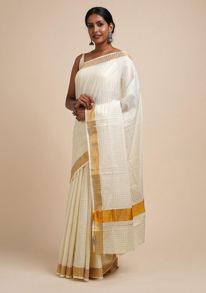 White Solid Cotton Saree Set - Indya