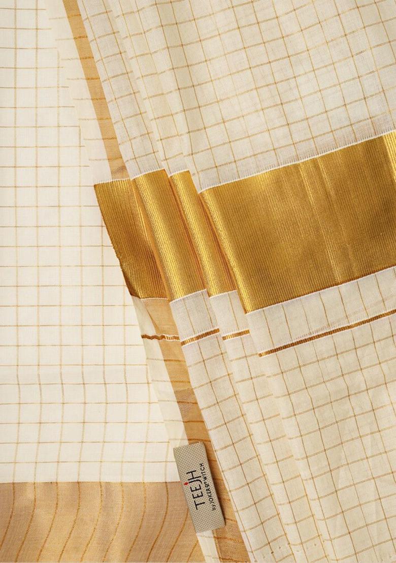White Solid Cotton Saree Set - Indya