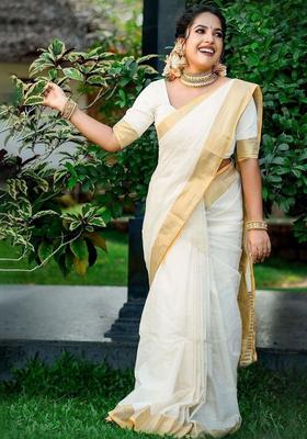 Off White Solid Cotton Saree Set