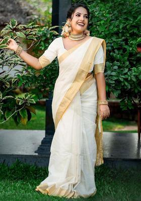 White Solid Cotton Saree Set