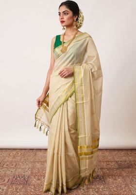 Cream Printed Tissue Saree Set