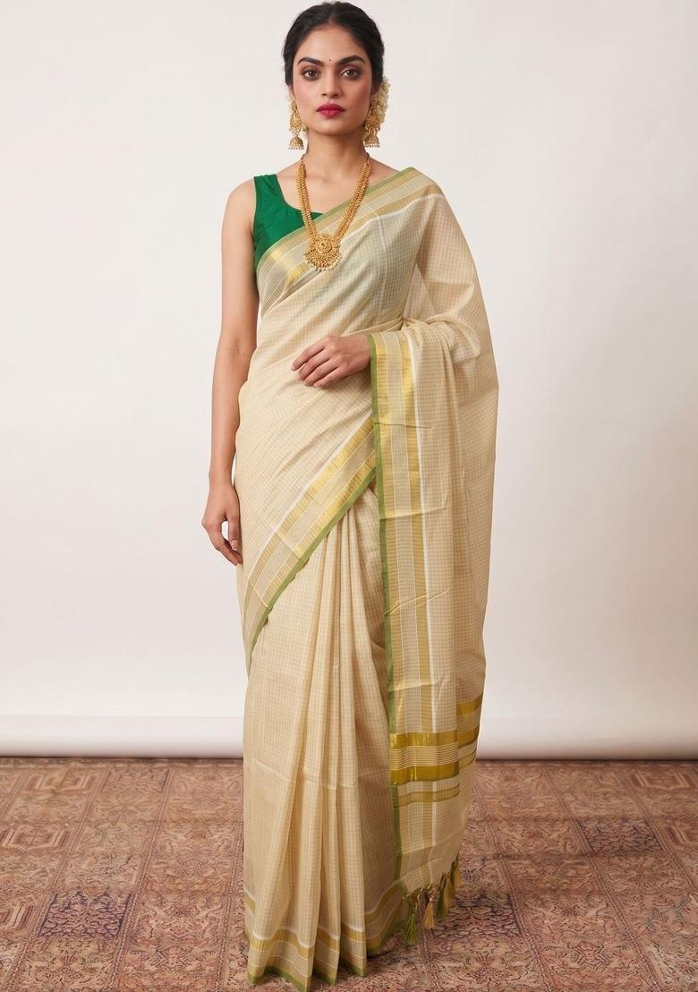 Cream Printed Tissue Saree Set - Indya
