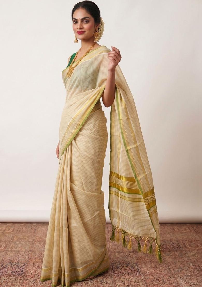 Cream Printed Tissue Saree Set - Indya