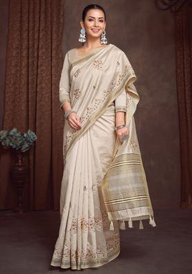 Cream Embroidered Linen Saree Set
