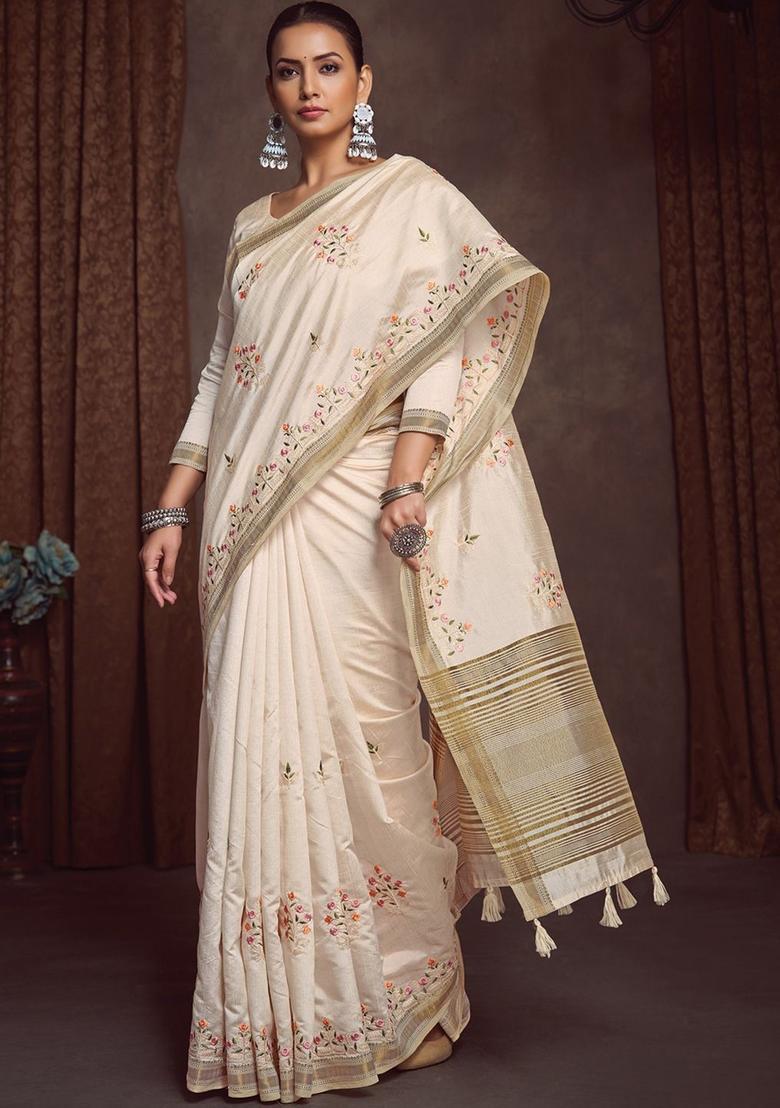 Cream Embroidered Linen Saree Set - Indya