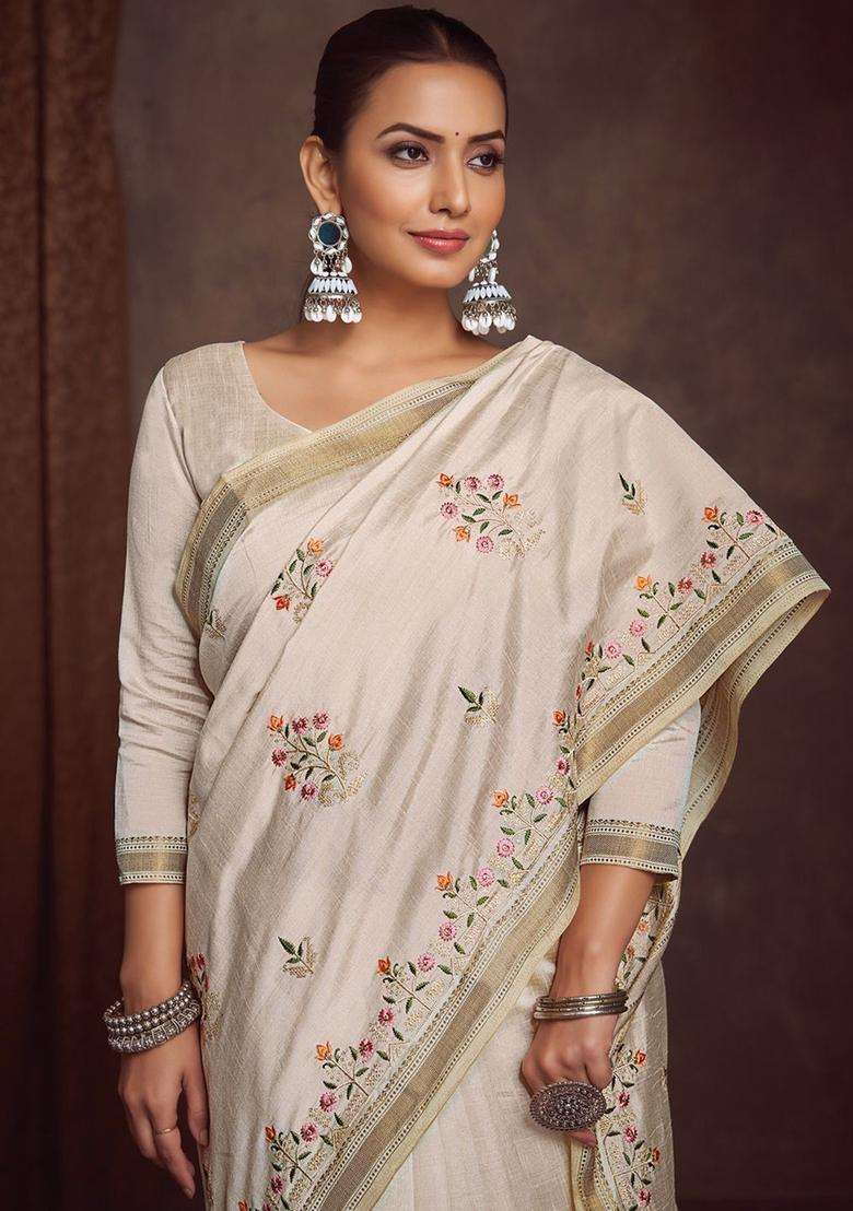 Cream Embroidered Linen Saree Set for Diwali and Festive Wear - Indya