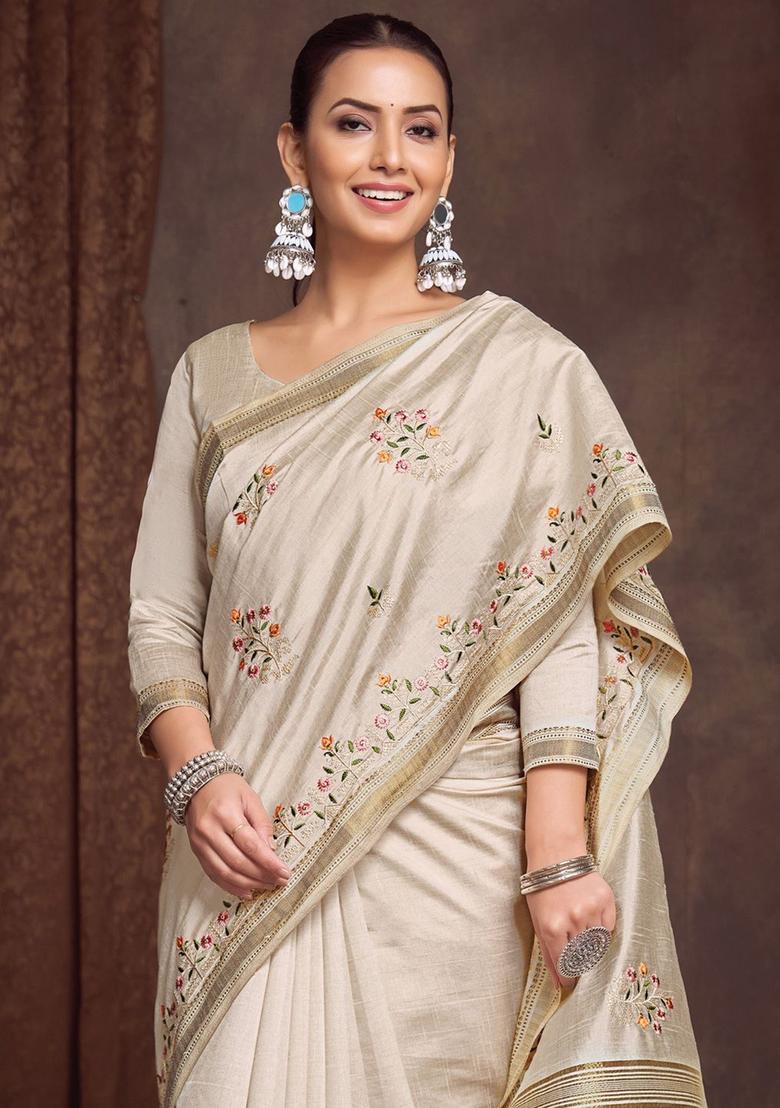 Cream Embroidered Linen Saree Set - Indya