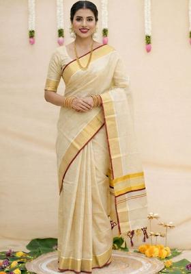Cream Woven Design Tissue Saree Set