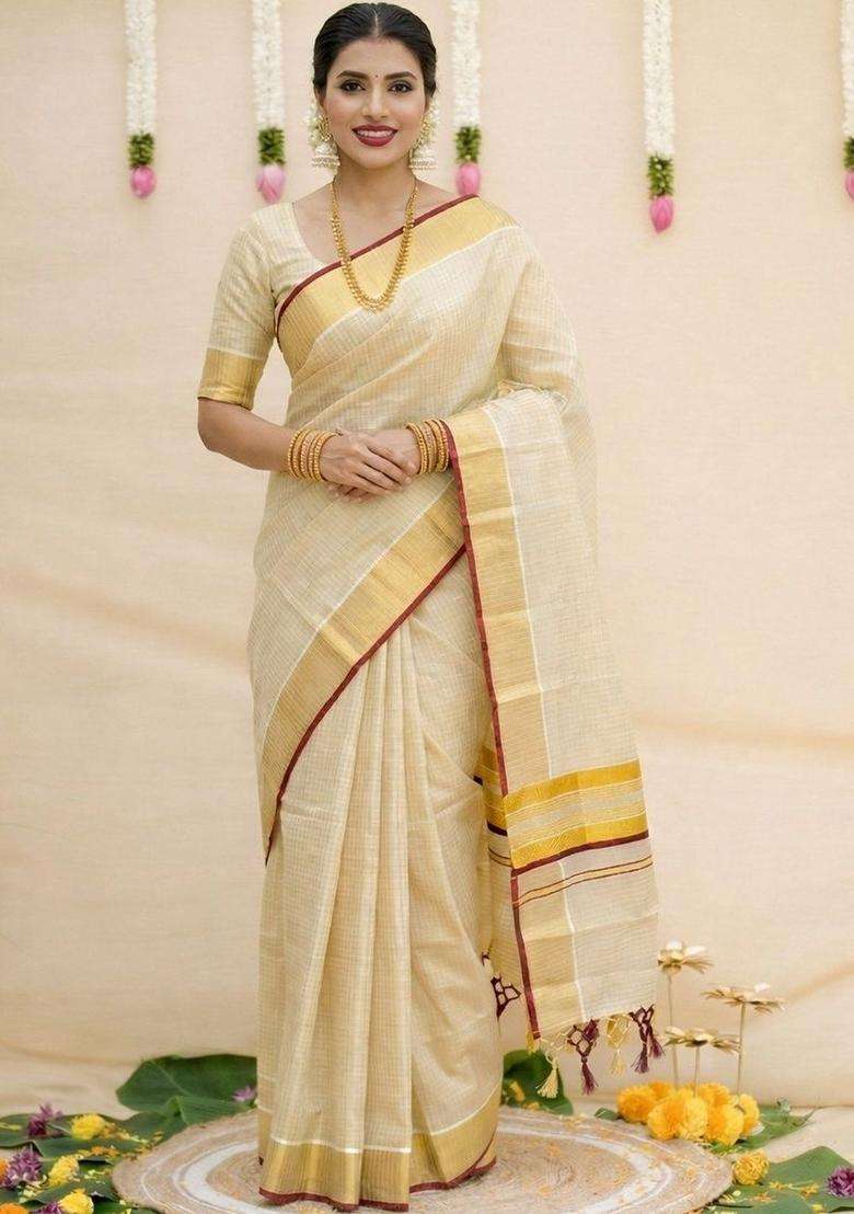 Cream Woven Design Tissue Saree Set for Diwali | Wedding & Festive Wear - Indya