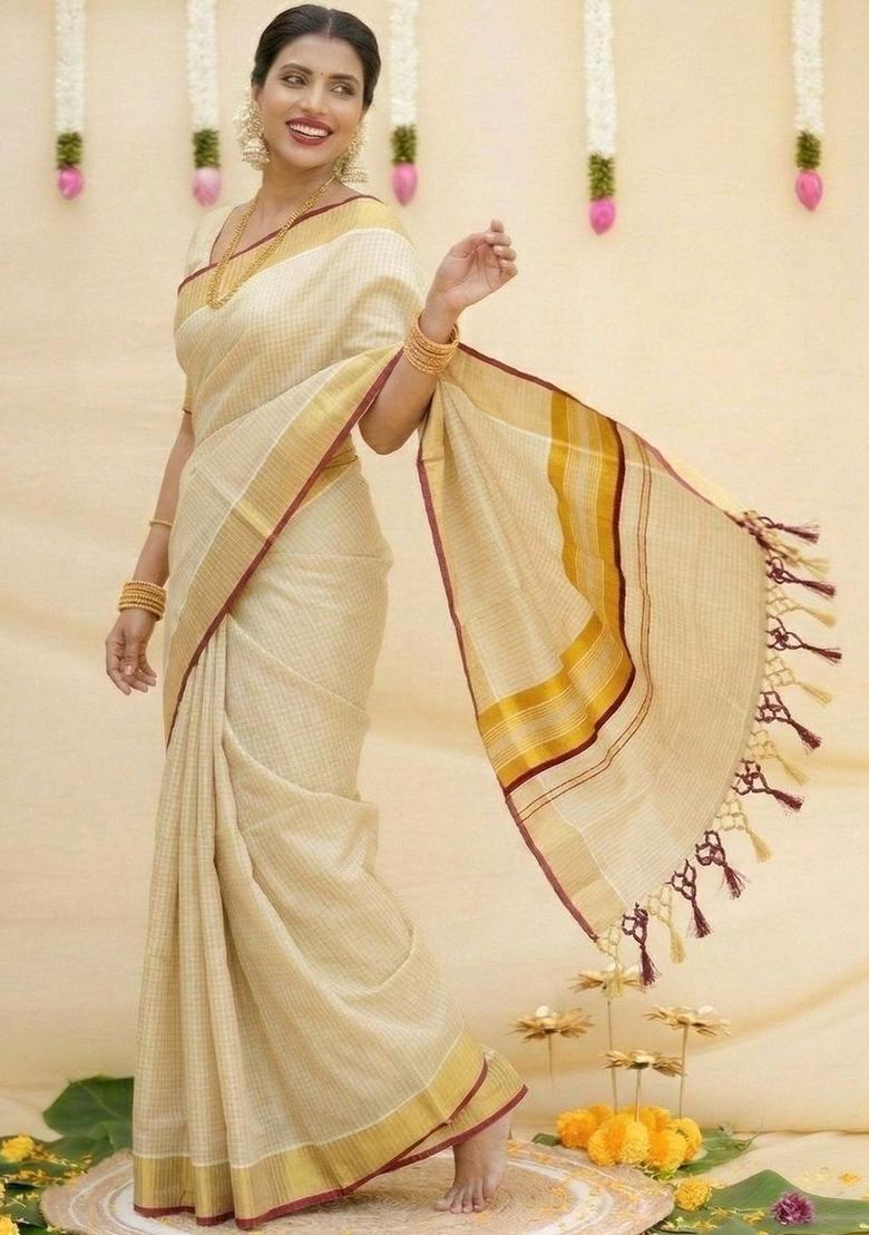 Cream Woven Design Tissue Saree Set - Indya