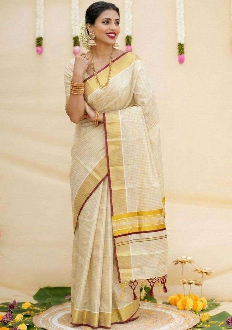 Cream Woven Design Tissue Saree Set for Diwali | Wedding & Festive Wear - Indya