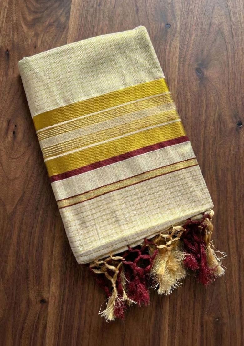 Cream Woven Design Tissue Saree Set - Indya