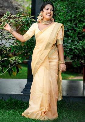 Beige Solid Cotton Saree Set