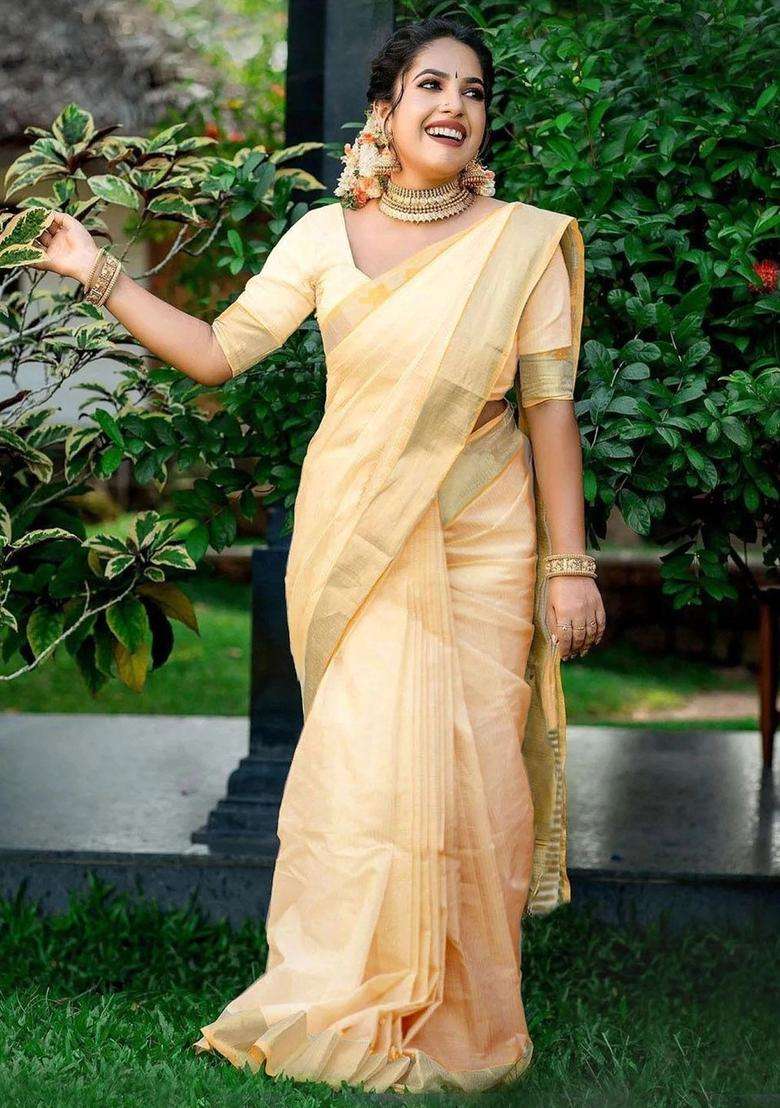Beige Solid Cotton Saree Set for Diwali | Wedding & Festive Wear - Indya