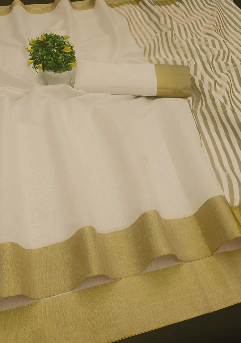 Beige Solid Cotton Saree Set - Indya