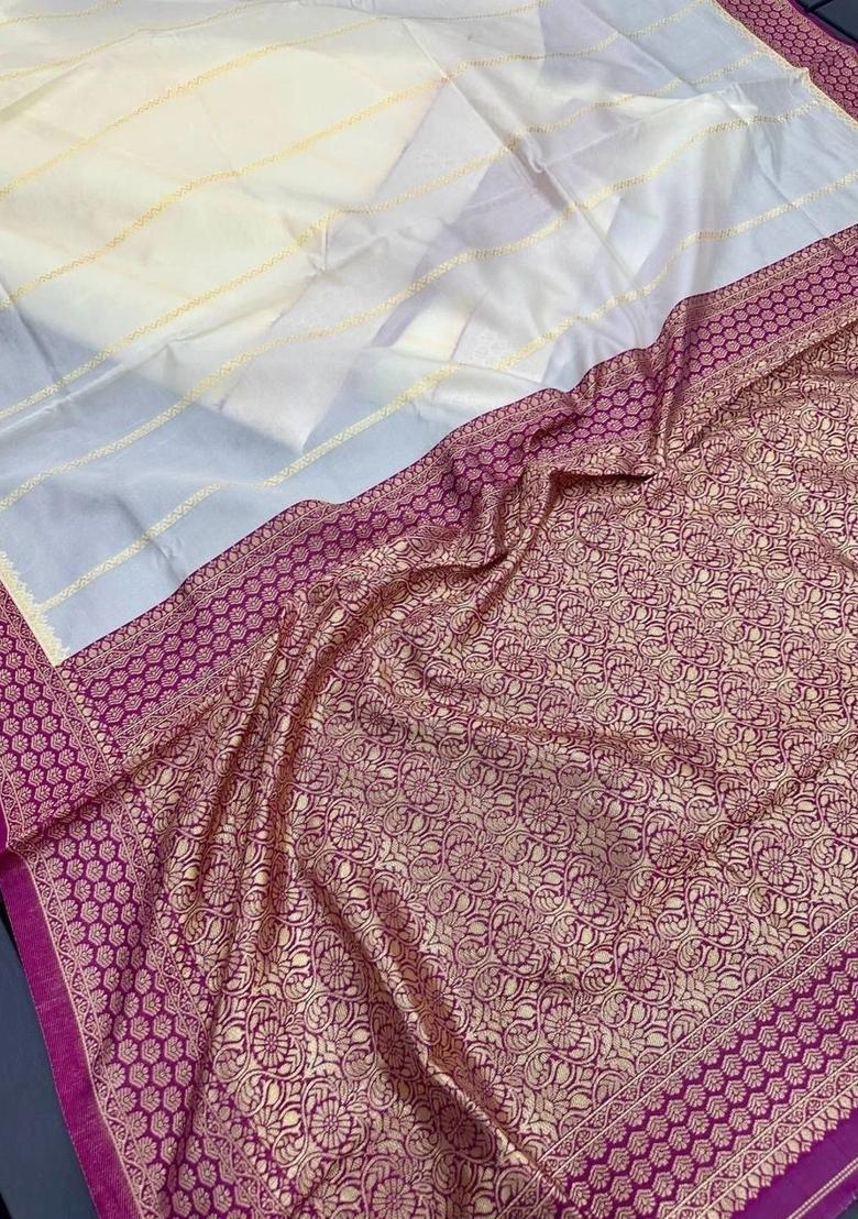 Off White Woven Design Silk Saree Set - Indya
