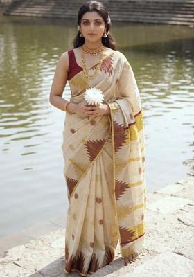 Off White Woven Design Tissue Saree Set
