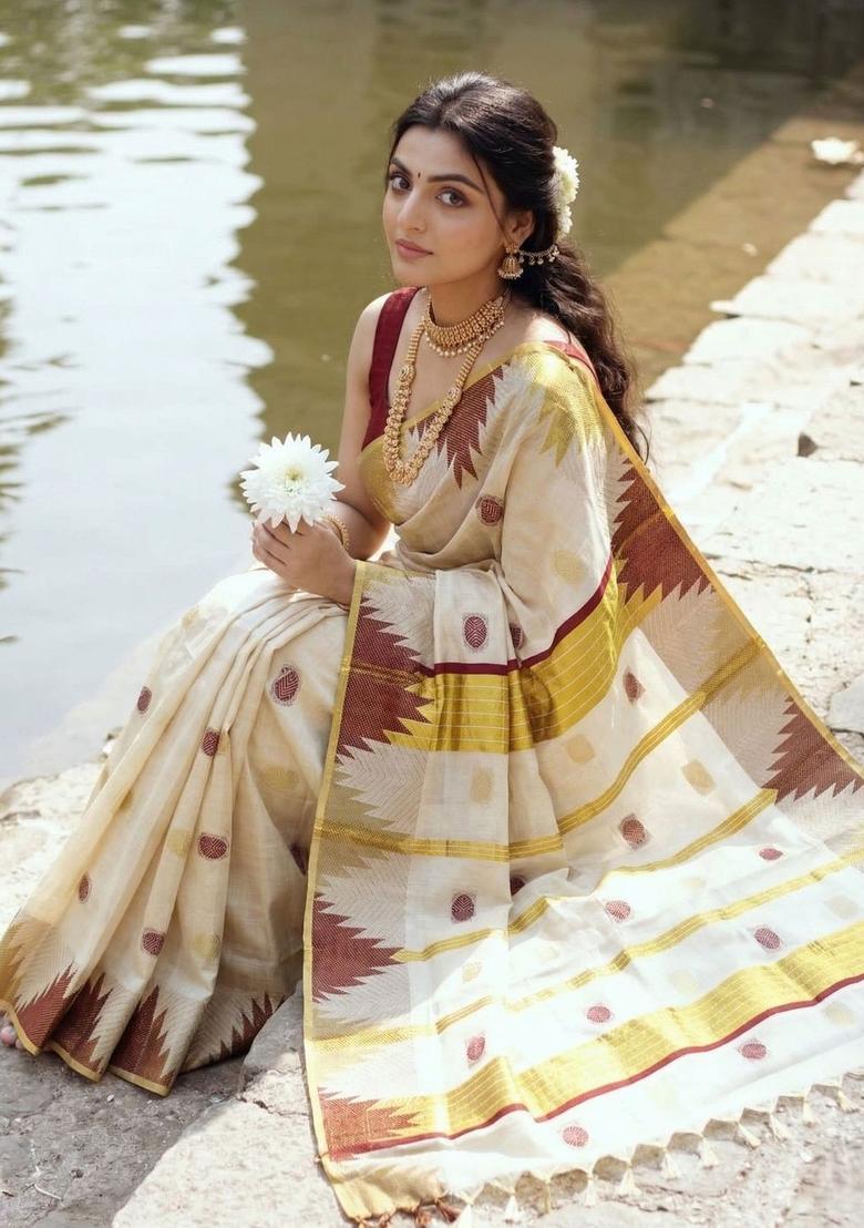 Off White Woven Design Tissue Saree Set - Indya