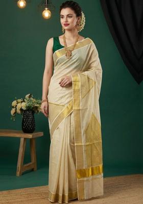 Cream Woven Design Tissue Saree Set