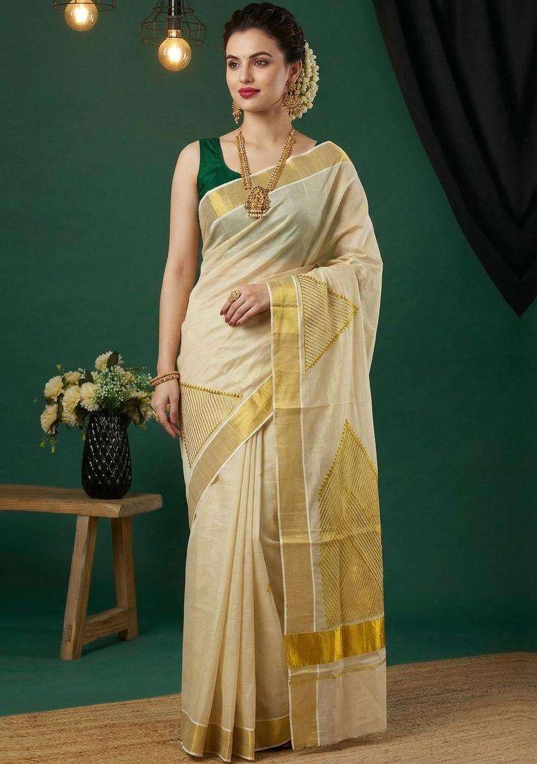 Cream Woven Design Tissue Saree Set for Diwali | Wedding & Festive Wear - Indya