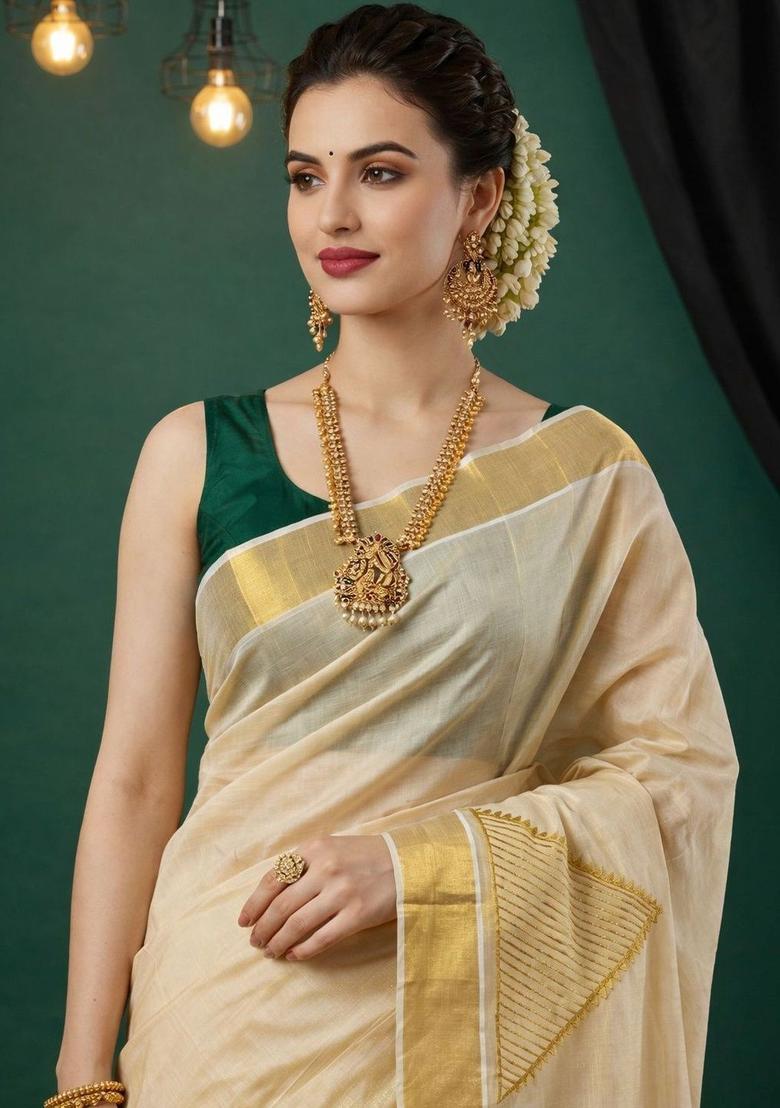 Cream Woven Design Tissue Saree Set - Indya