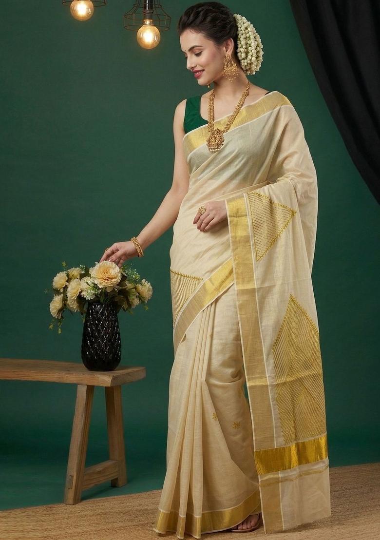 Cream Woven Design Tissue Saree Set - Indya