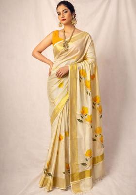 Off White Printed Tissue Saree Set