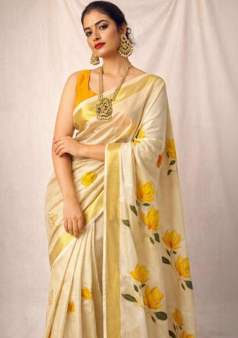 Off White Printed Tissue Saree Set - Indya
