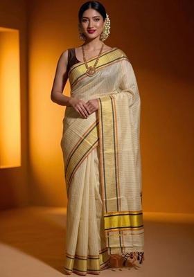 Cream Woven Design Tissue Saree Set