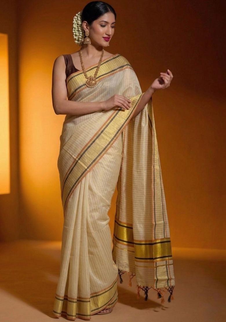 Cream Woven Design Tissue Saree Set - Indya