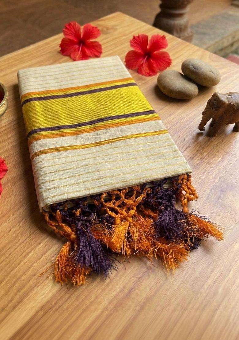 Cream Woven Design Tissue Saree Set for Diwali and Festive Wear - Indya