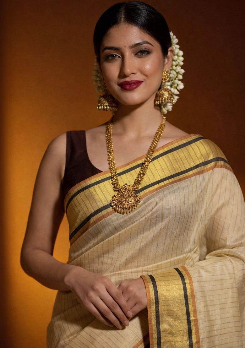 Cream Woven Design Tissue Saree Set - Indya