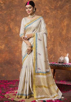 Cream Woven Design Linen Saree Set