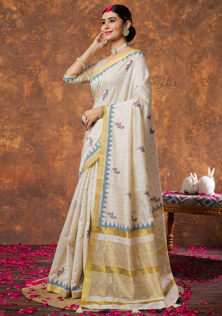 Cream Woven Design Linen Saree Set - Indya