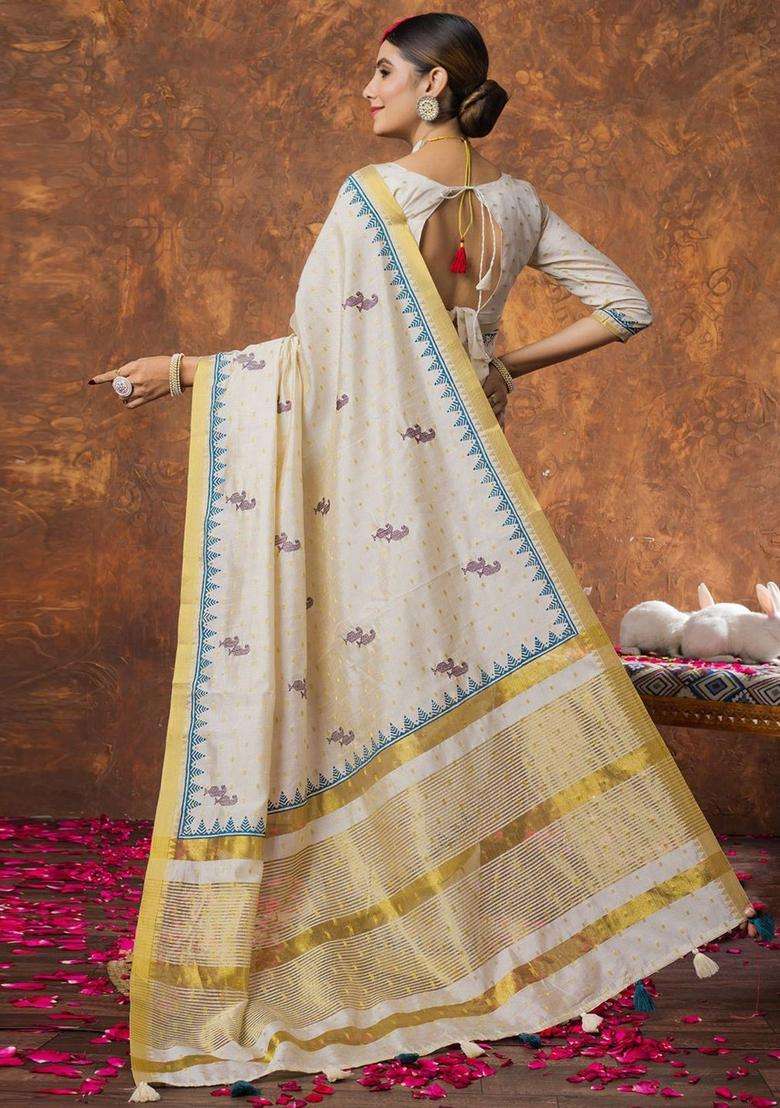 Cream Woven Design Linen Saree Set for Diwali | Wedding & Festive Wear - Indya