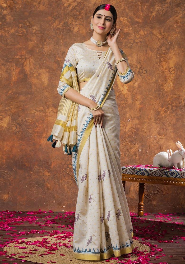 Cream Woven Design Linen Saree Set - Indya