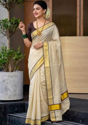 Off White Striped Tissue Saree Set