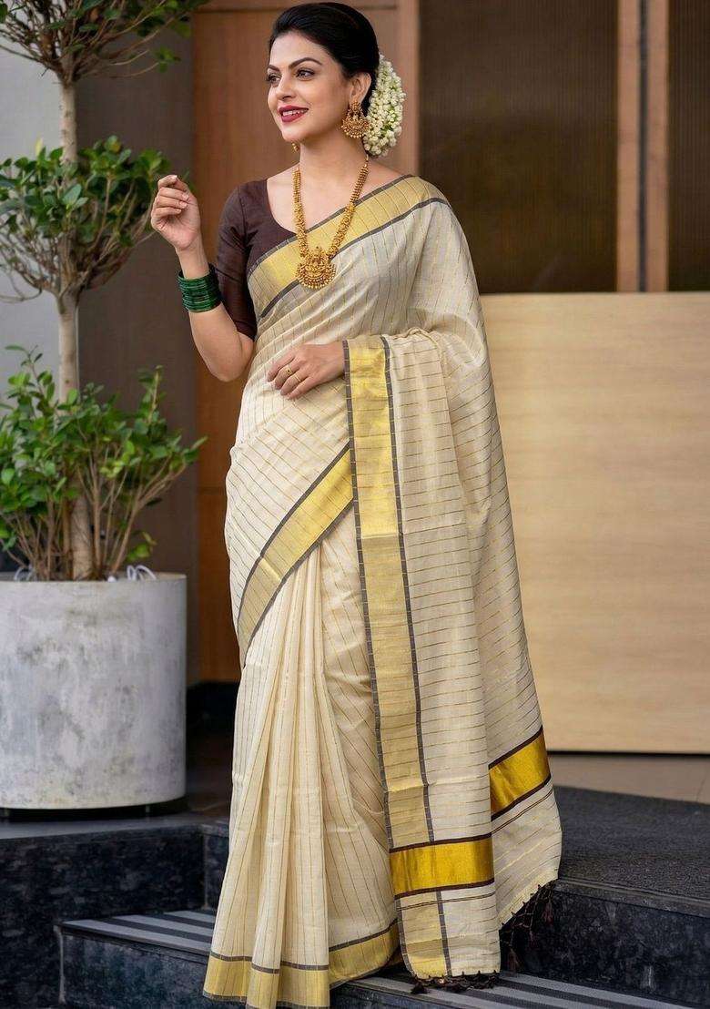 Off White Striped Tissue Saree Set for Diwali and Festive Wear - Indya