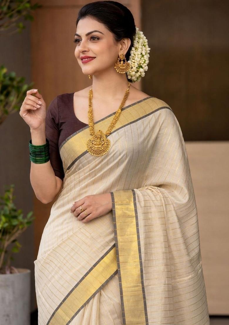 Off White Striped Tissue Saree Set - Indya