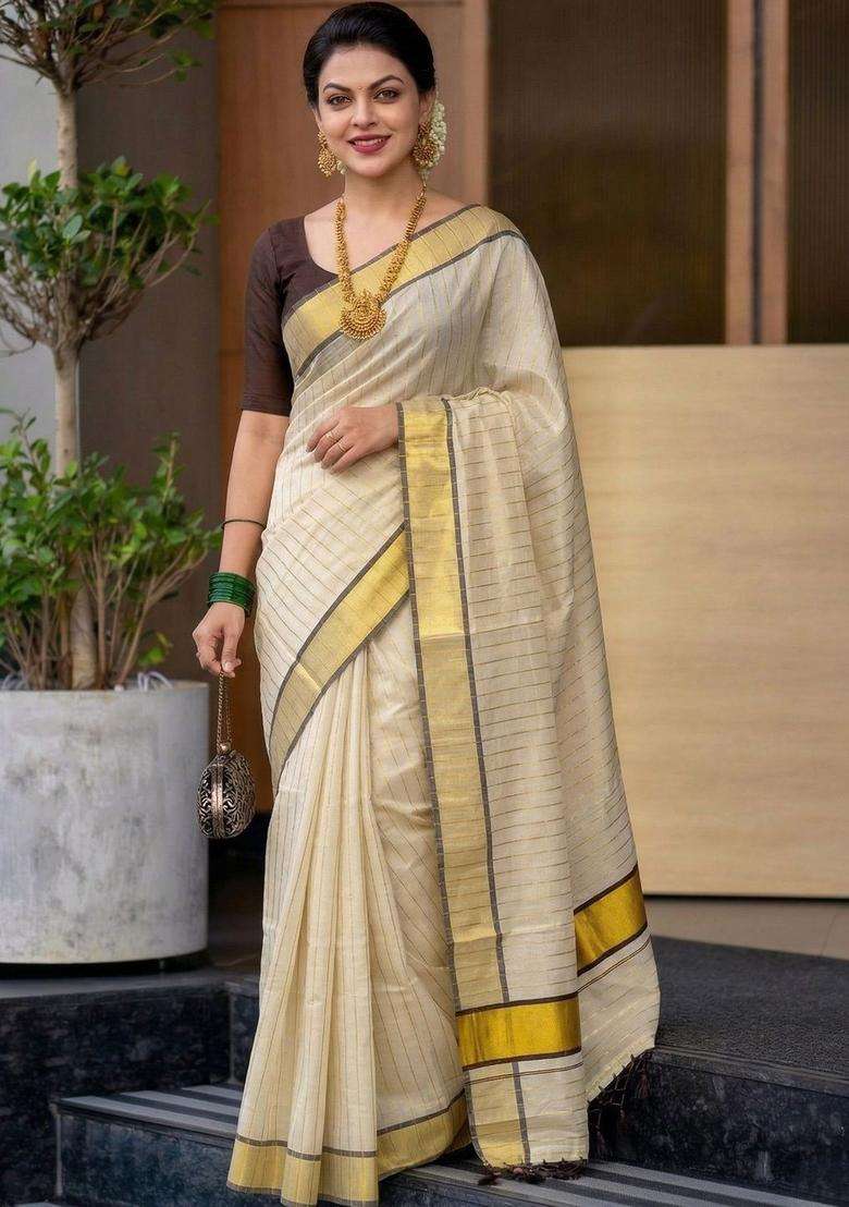 Off White Striped Tissue Saree Set for Diwali and Festive Wear - Indya