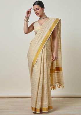 Cream Checked Tissue Saree Set