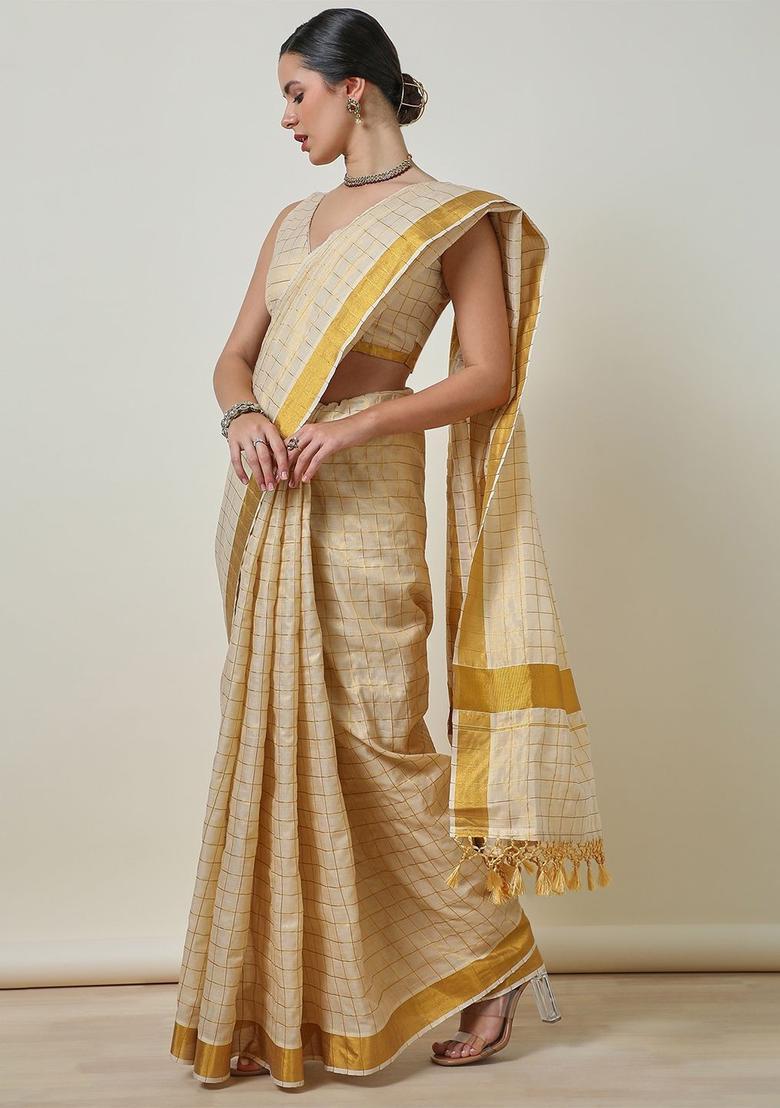 Cream Checked Tissue Saree Set - Indya