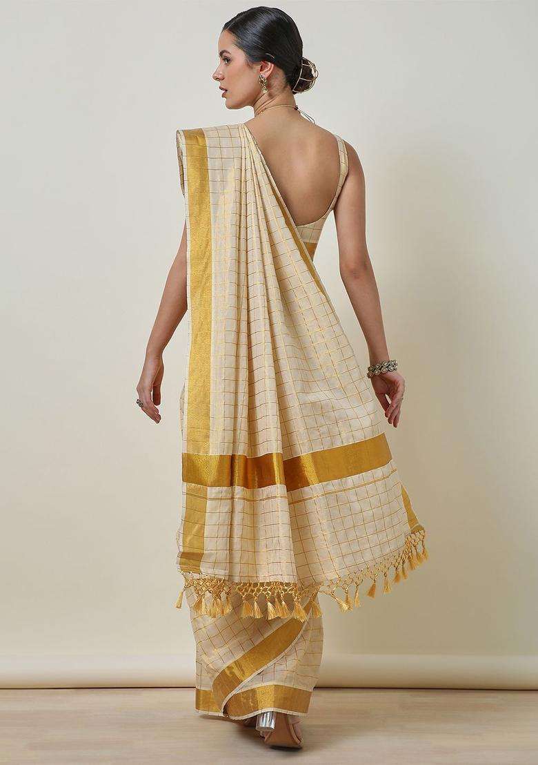Cream Checked Tissue Saree Set for Diwali | Wedding & Festive Wear - Indya
