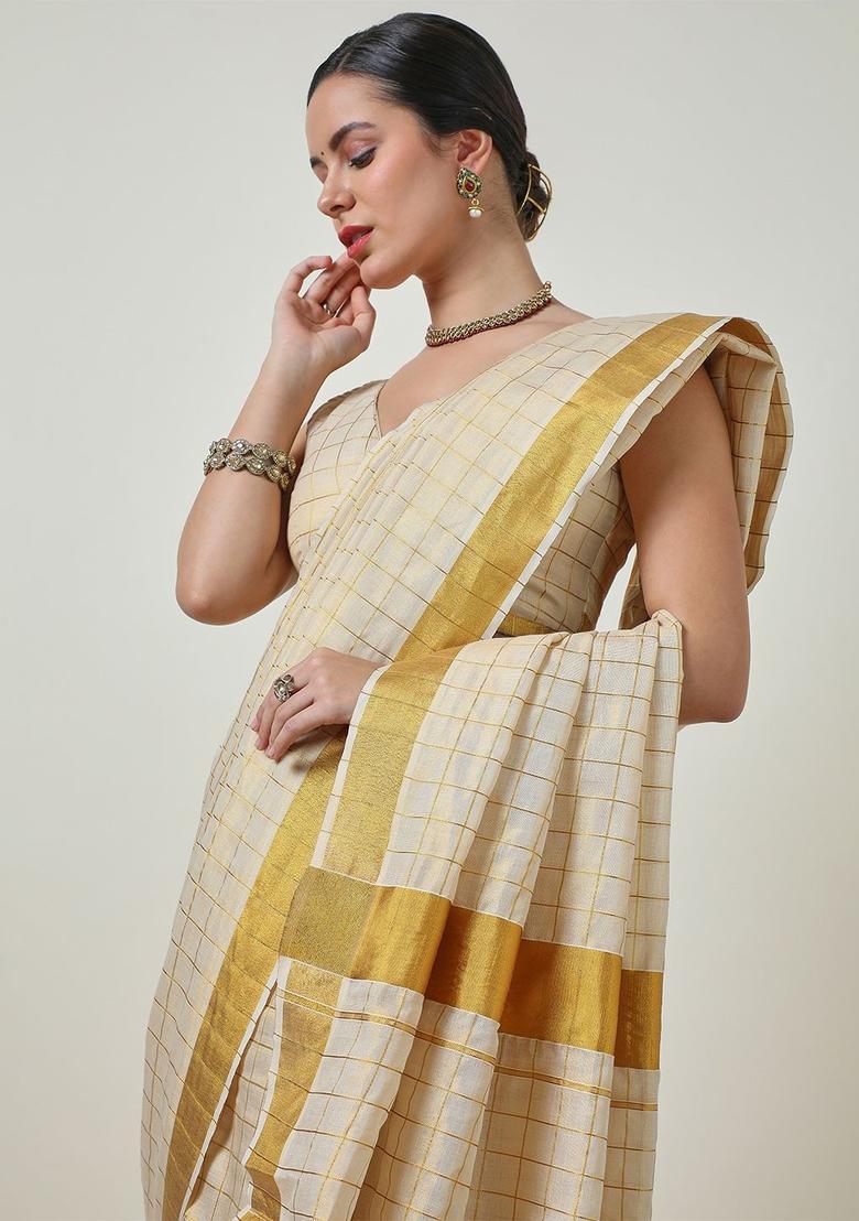 Cream Checked Tissue Saree Set - Indya