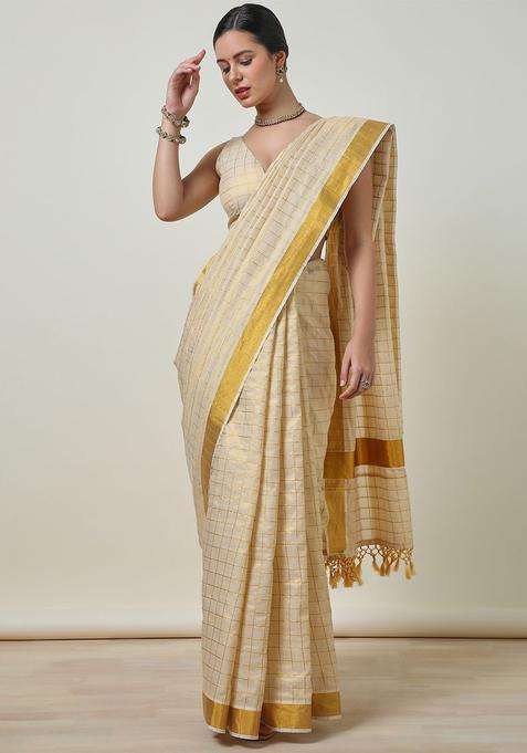 Cream Checked Tissue Saree Set for Diwali | Wedding & Festive Wear